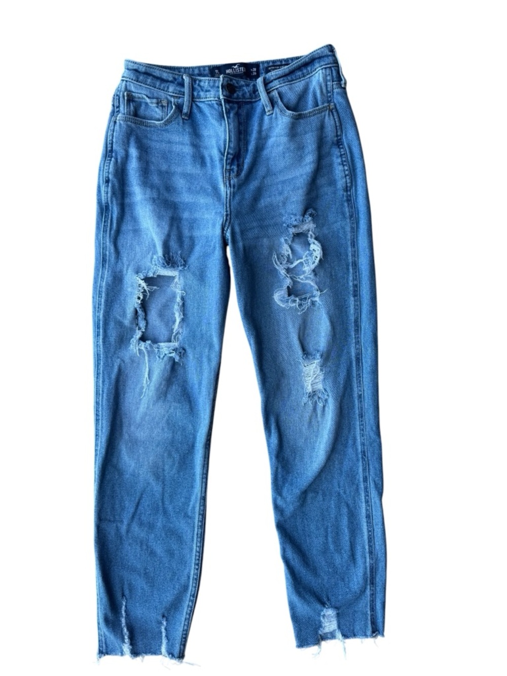 Hollister Distressed Ultra High Rise Mom Jeans in Light Blue